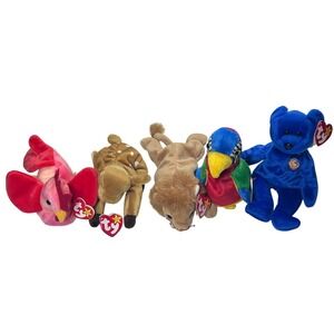 Ty‎ Beanie Babies Lot 5 Plush Rooster Deer Lion Parrot Blue Bear Collectible